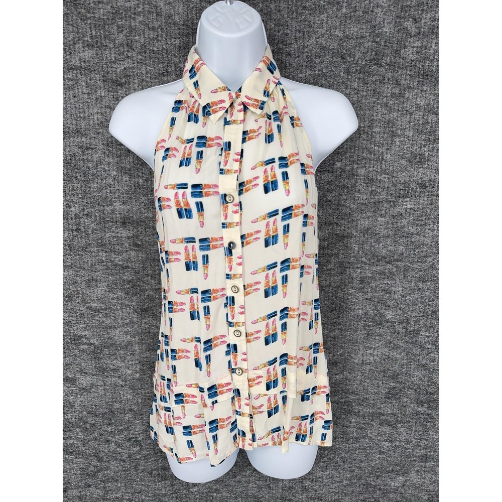Maeve Blouse Womens 2 Multicolor Halter Neck Sleeveless Lipstick Print Rayon
